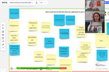 Whiteboard von Miro mit bunten Post-Its mit Ideen und rechts drei eingeblendete Videos von Teilnehmenden