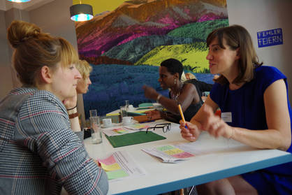 Eine Gruppe von vier Teilnehmerinnen, die in Zweier-Prächen aufgeteilt sind, sitzen sich jeweils gegenüber an einem Gruppenarbeitstisch